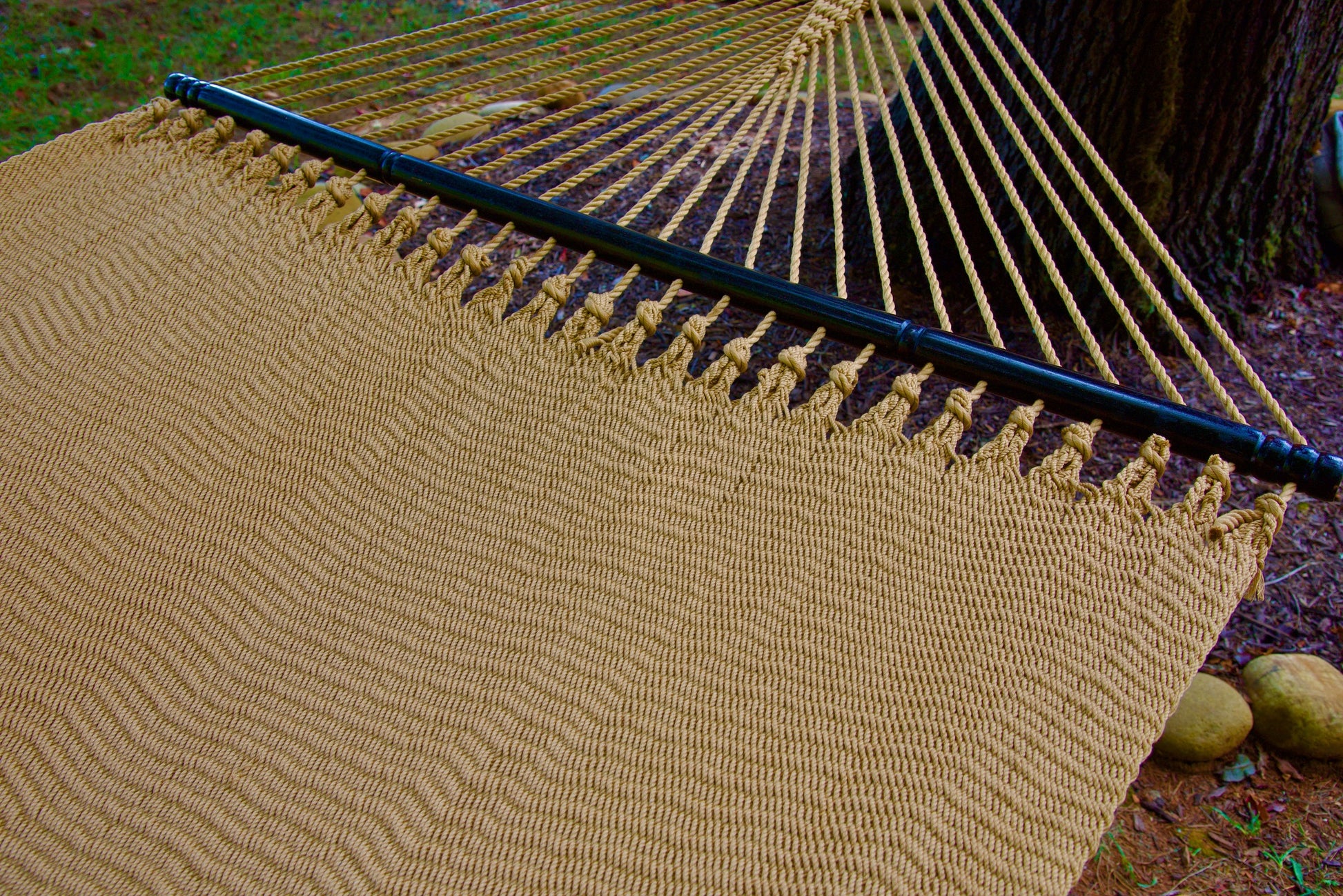 Hardwood spreader bar and fanned end cords on the Tan Jumbo Caribbean Hammock