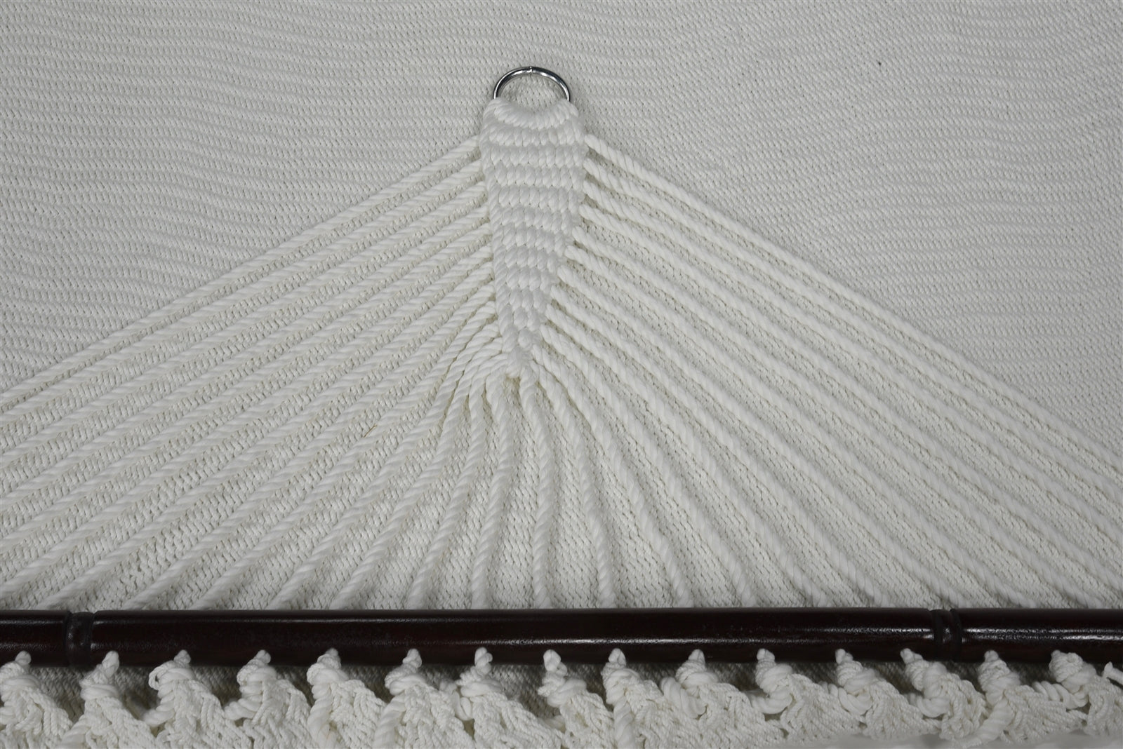 Close-up of the end cords and stainless steel O-ring on the White Jumbo Caribbean Hammock