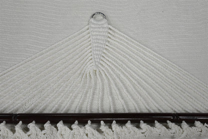 Close-up of the end cords and stainless steel O-ring on the White Jumbo Caribbean Hammock