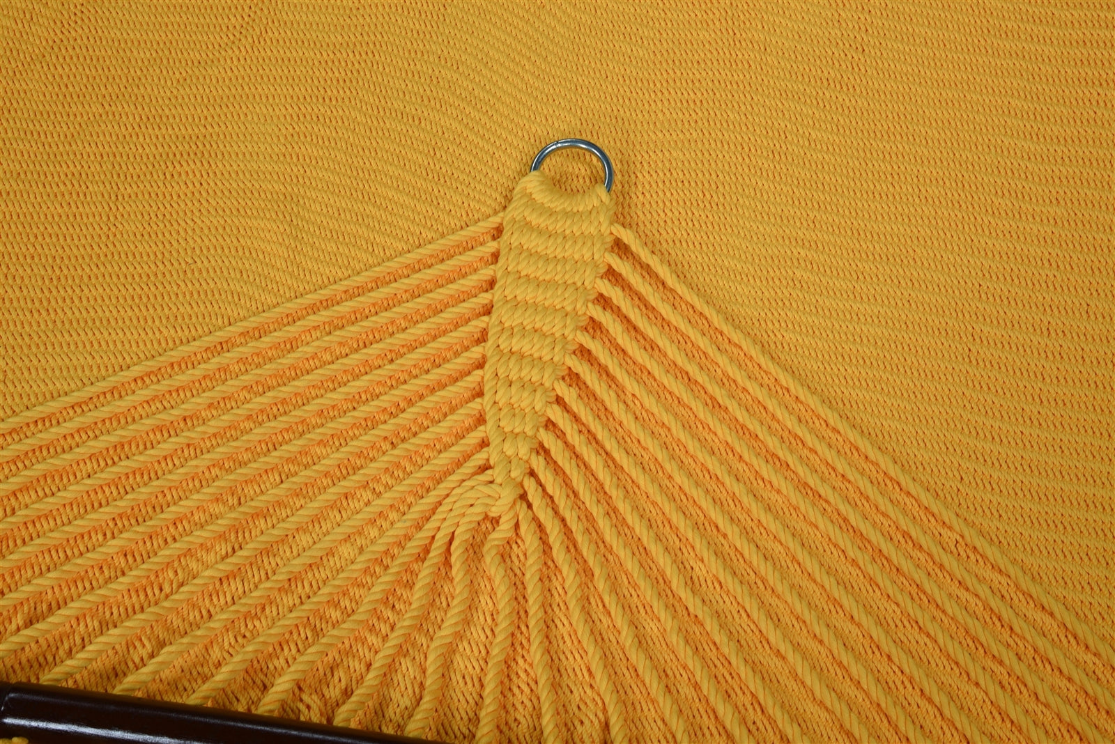 Close-up of the end cords and stainless steel O-ring on the Yellow Jumbo Caribbean Hammock