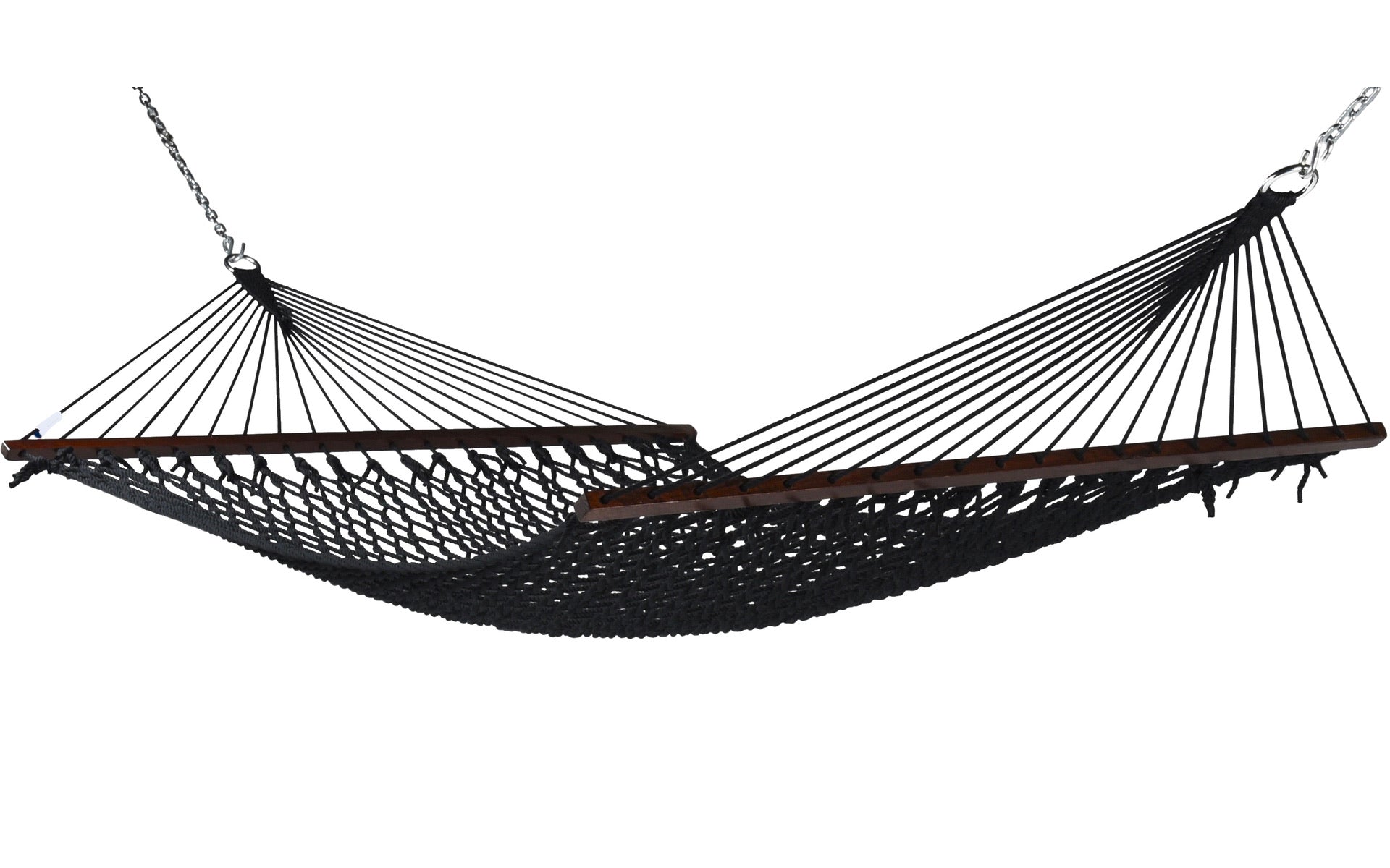 Jumbo Rope Hammock in Black on a white background, showing the full polyester rope bed, wood spreader bars and hanging chains.