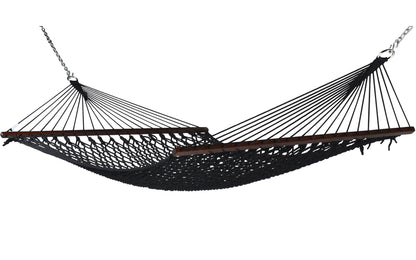 Jumbo Rope Hammock in Black on a white background, showing the full polyester rope bed, wood spreader bars and hanging chains.