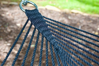 Close view of the O-ring and gathered Black end cords of the Jumbo Rope Hammock.