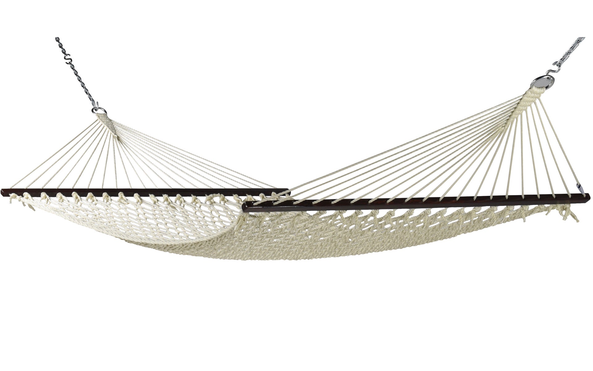 Jumbo Rope Hammock in Cream on a white background, showing the full polyester rope bed, wood spreader bars and hanging chains.