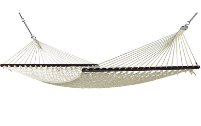Jumbo Rope Hammock in Cream on a white background, showing the full polyester rope bed, wood spreader bars and hanging chains.