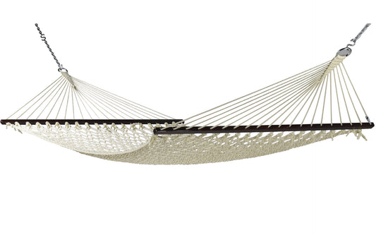Jumbo Rope Hammock in Cream on a white background, showing the full polyester rope bed, wood spreader bars and hanging chains.