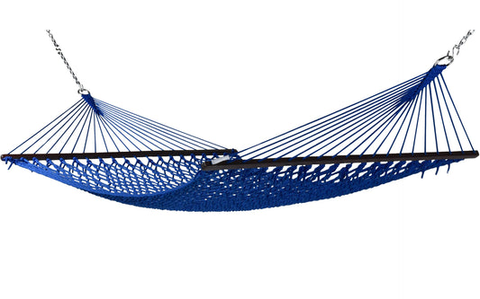 Jumbo Rope Hammock in Dark Blue on a white background, showing the full polyester rope bed, wood spreader bars and hanging chains.