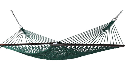 Jumbo Rope Hammock in Green on a white background, showing the full polyester rope bed, wood spreader bars and hanging chains.