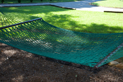 Close view of the Green polyester rope bed and wood spreader bar of the Jumbo Rope Hammock.