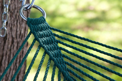 Close view of the O-ring and gathered Green end cords of the Jumbo Rope Hammock.