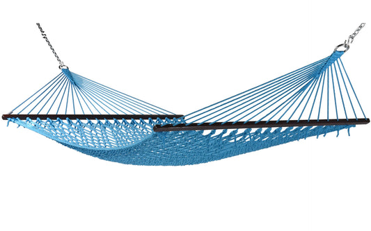 Jumbo Rope Hammock in Light Blue on a white background, showing the full polyester rope bed, wood spreader bars and hanging chains.