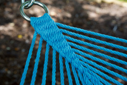 Close view of the O-ring and gathered Light Blue end cords of the Jumbo Rope Hammock.