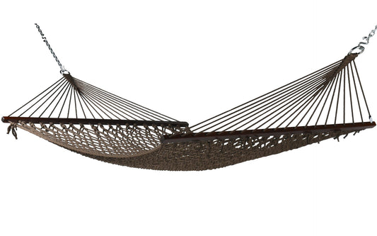Jumbo Rope Hammock in Mocha on a white background, showing the full polyester rope bed, wood spreader bars and hanging chains.