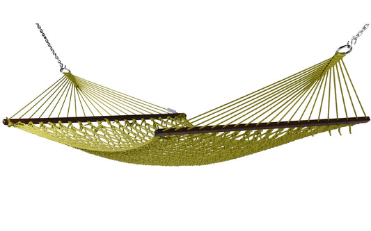 Jumbo Rope Hammock in Olive on a white background, showing the full polyester rope bed, wood spreader bars and hanging chains.