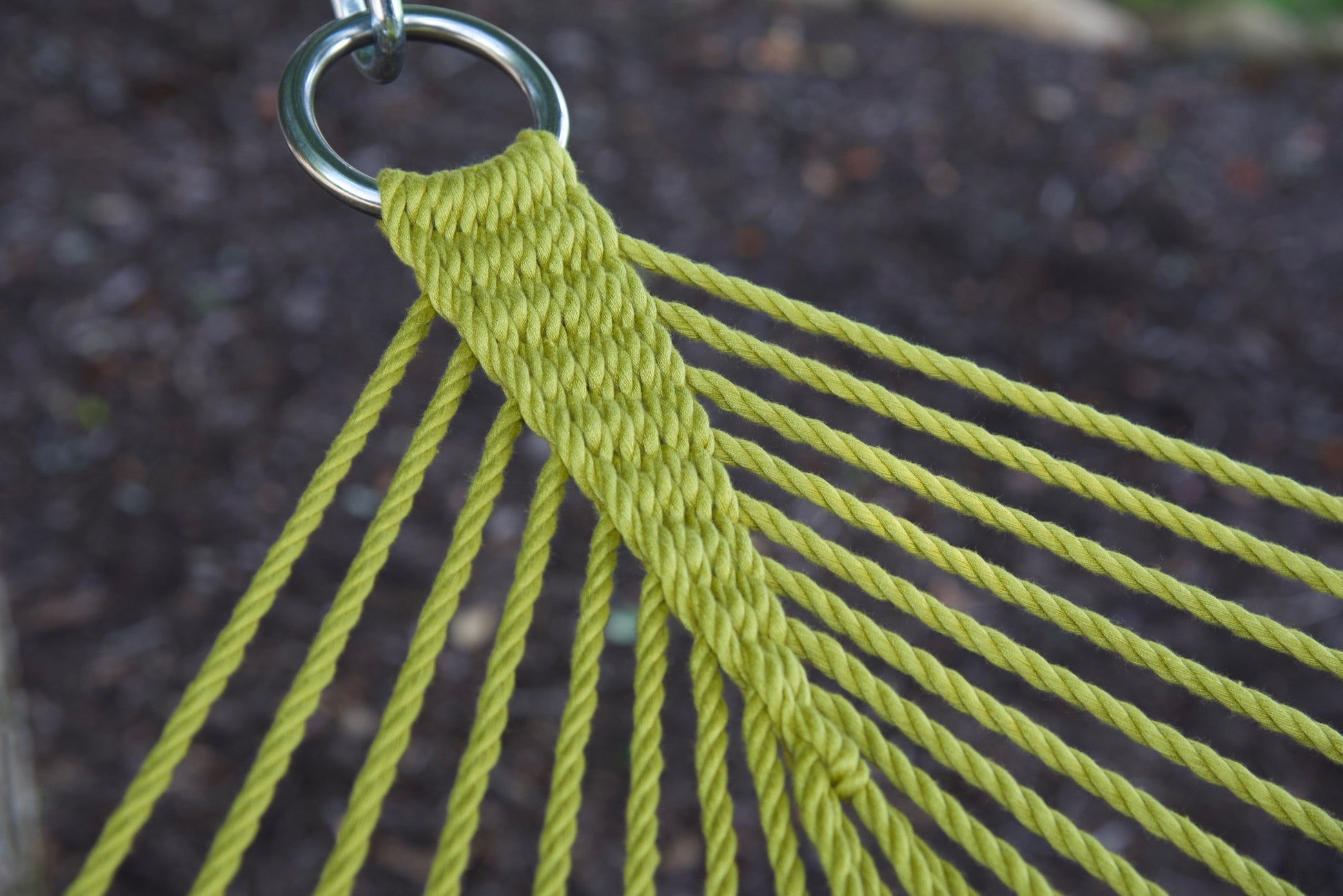 Close view of the O-ring and gathered Olive end cords of the Jumbo Rope Hammock.