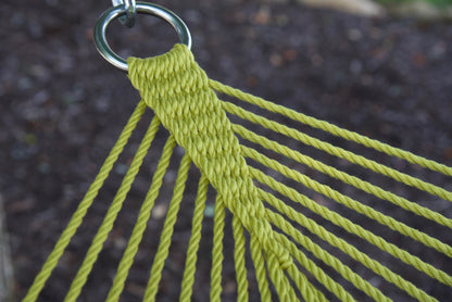 Close view of the O-ring and gathered Olive end cords of the Jumbo Rope Hammock.