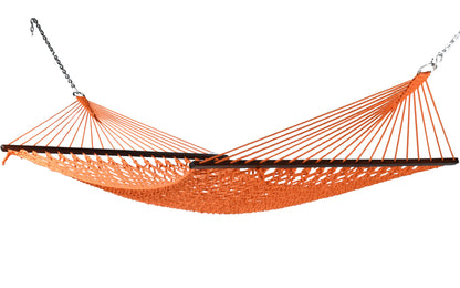 Jumbo Rope Hammock in Orange on a white background, showing the full polyester rope bed, wood spreader bars and hanging chains.