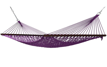 Jumbo Rope Hammock in Purple on a white background, showing the full polyester rope bed, wood spreader bars and hanging chains.