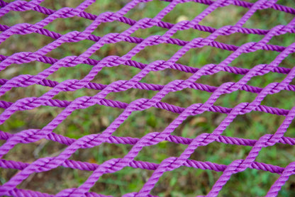 Close view of the hand-woven Purple soft-spun polyester rope weave of the Jumbo Rope Hammock.