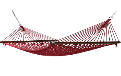 Jumbo Rope Hammock in Red on a white background, showing the full polyester rope bed, wood spreader bars and hanging chains.