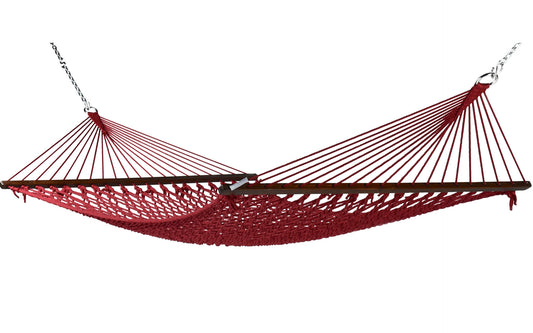 Jumbo Rope Hammock in Red on a white background, showing the full polyester rope bed, wood spreader bars and hanging chains.