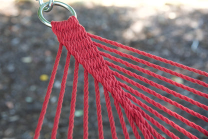 Close view of the O-ring and gathered Red end cords of the Jumbo Rope Hammock.
