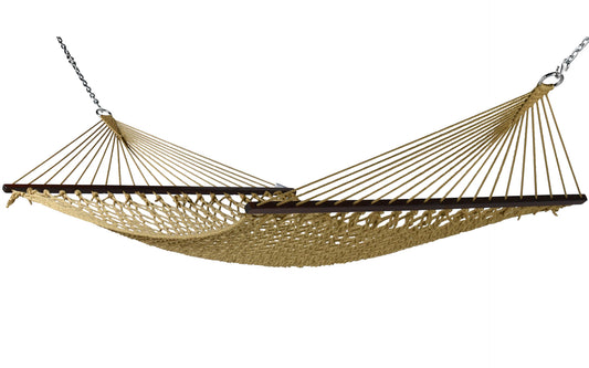 Jumbo Rope Hammock in Tan on a white background, showing the full polyester rope bed, wood spreader bars and hanging chains.