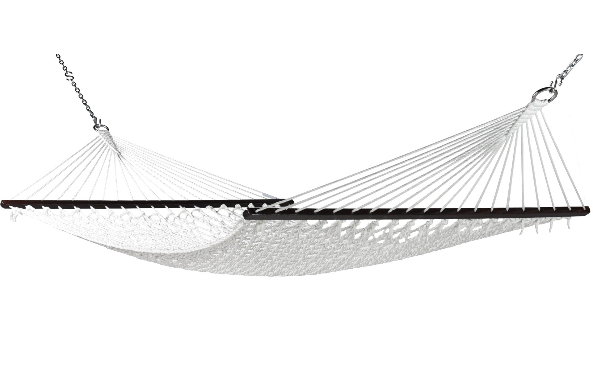 Jumbo Rope Hammock in White on a white background, showing the full polyester rope bed, wood spreader bars and hanging chains.