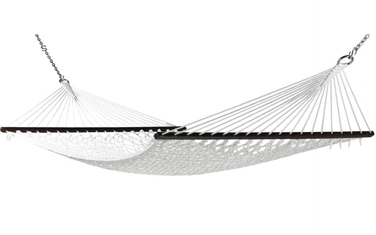 Jumbo Rope Hammock in White on a white background, showing the full polyester rope bed, wood spreader bars and hanging chains.