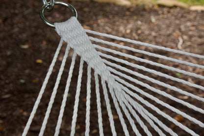 Close view of the O-ring and gathered White end cords of the Jumbo Rope Hammock.
