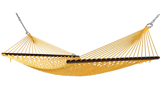 Jumbo Rope Hammock in Yellow on a white background, showing the full polyester rope bed, wood spreader bars and hanging chains.
