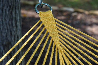 Close view of the O-ring and gathered Yellow end cords of the Jumbo Rope Hammock.