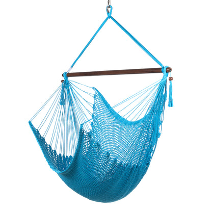 Large Caribbean Hammock Chair in light blue, hand-woven polyester cord with a dark hardwood spreader bar and tasseled ends, on a white background