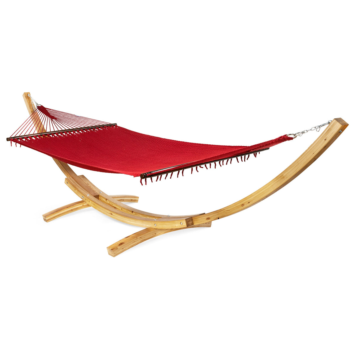 Red Jumbo Hammock and Wood Arc Hammock Stand kwhammocks