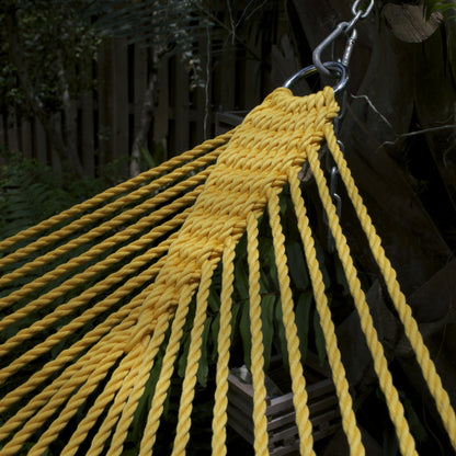 Close-up of the clew knot and stainless steel O-ring on the Yellow Double Caribbean Hammock