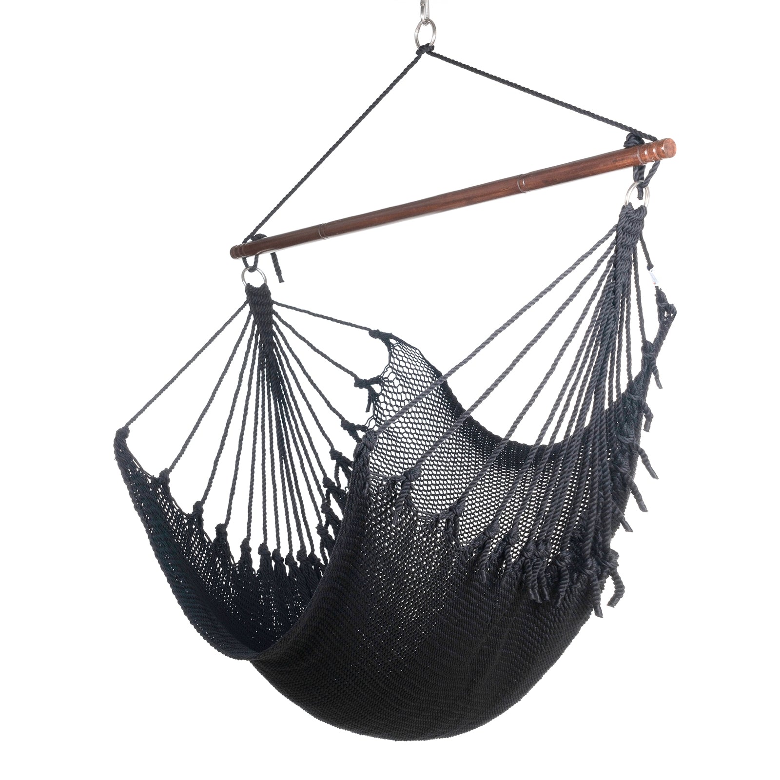 Jumbo Caribbean Hammock Chair in black, hand-woven polyester cord with a dark hardwood spreader bar and tasseled ends, on a white background