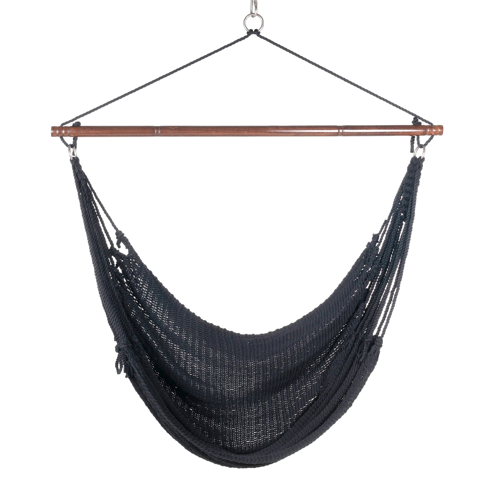 Front view of a black Jumbo Caribbean Hammock Chair showing the deep woven seat and tasseled sides, on a white background