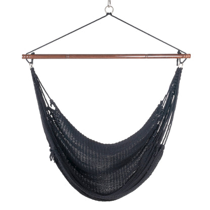 Front view of a black Jumbo Caribbean Hammock Chair showing the deep woven seat and tasseled sides, on a white background