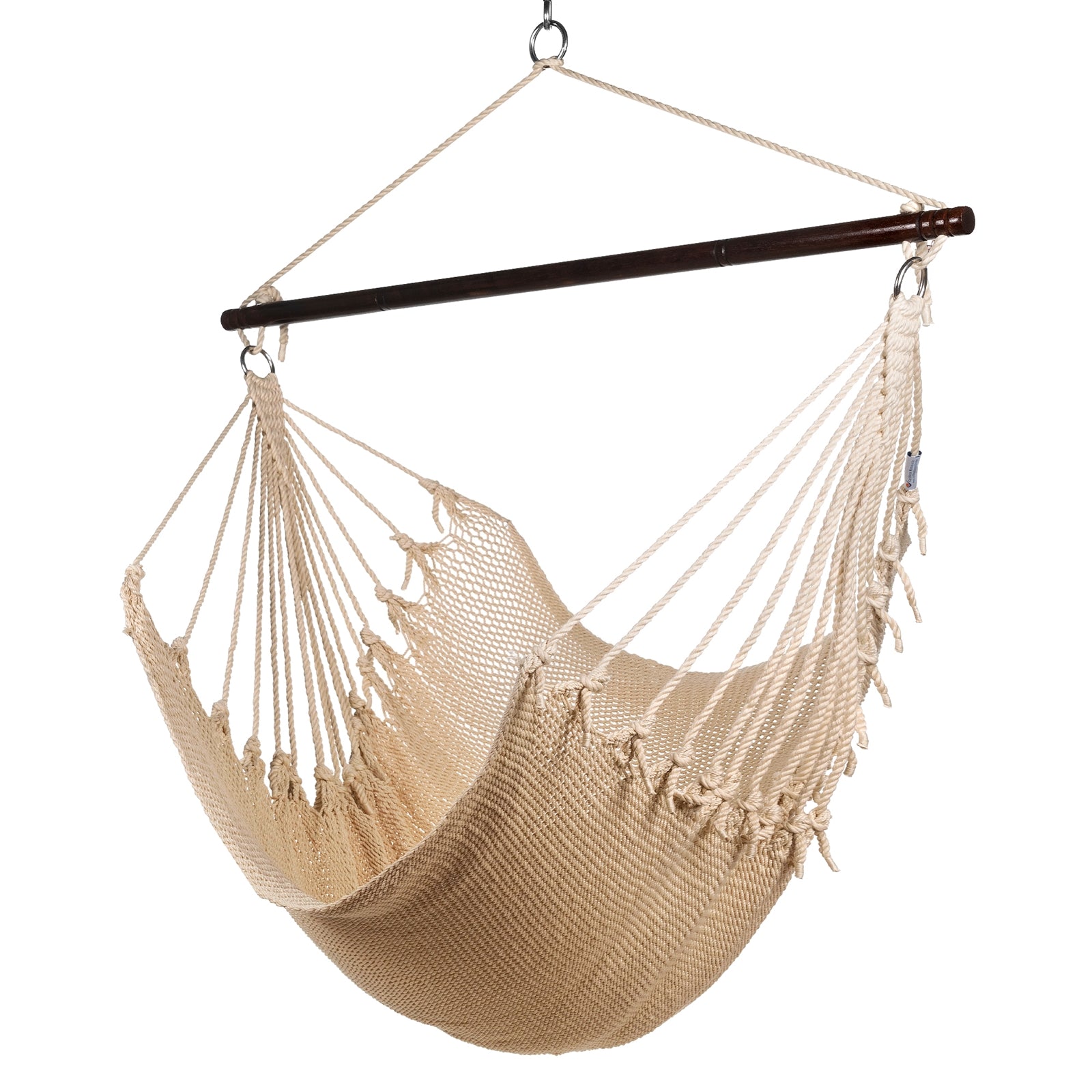 Jumbo Caribbean Hammock Chair in cream, hand-woven polyester cord with a dark hardwood spreader bar and tasseled ends, on a white background