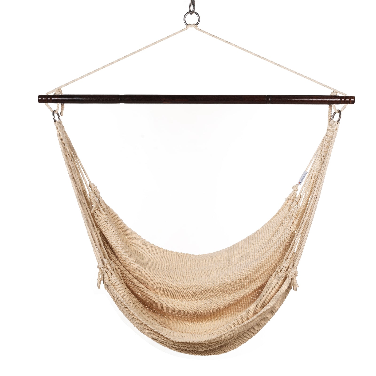 Front view of a cream Jumbo Caribbean Hammock Chair showing the deep woven seat and tasseled sides, on a white background