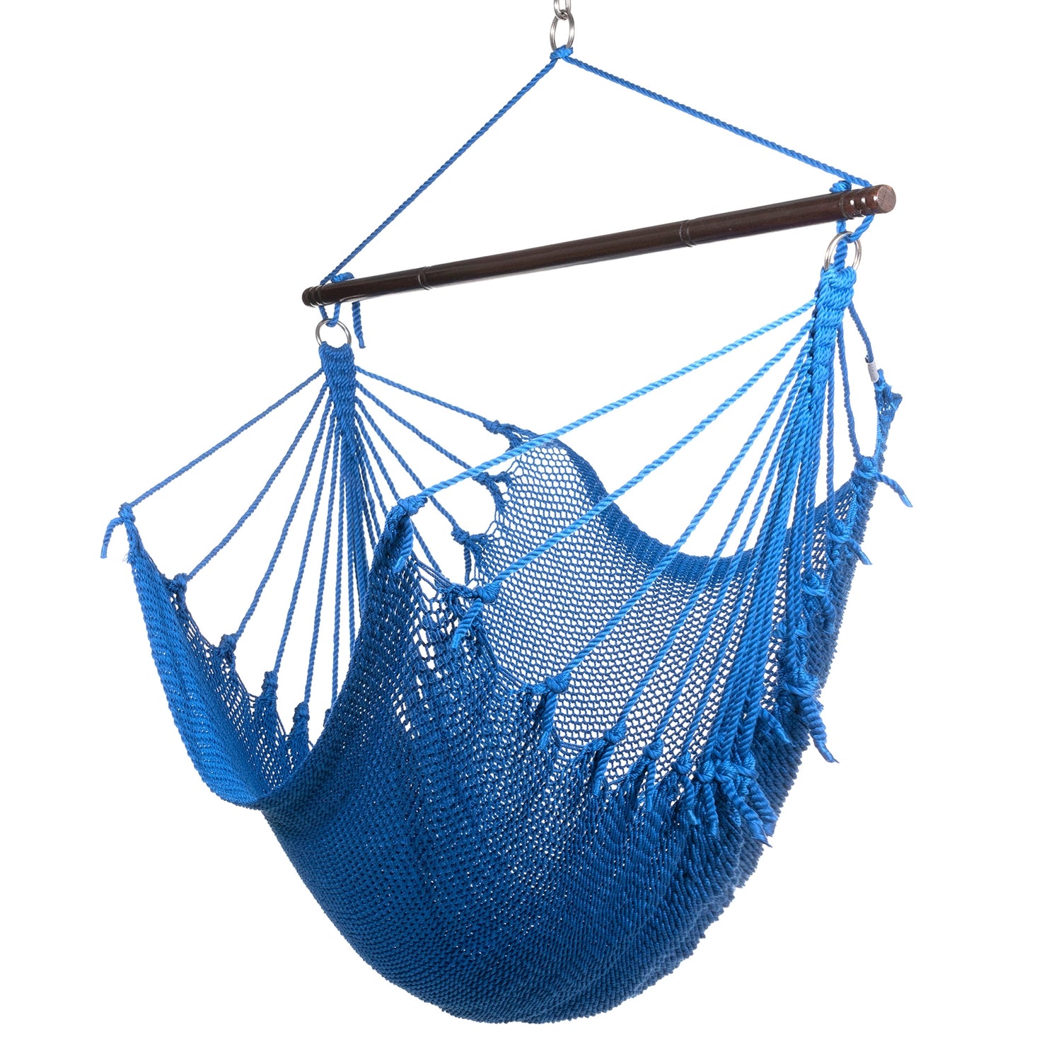 Jumbo Caribbean Hammock Chair in dark blue, hand-woven polyester cord with a dark hardwood spreader bar and tasseled ends, on a white background