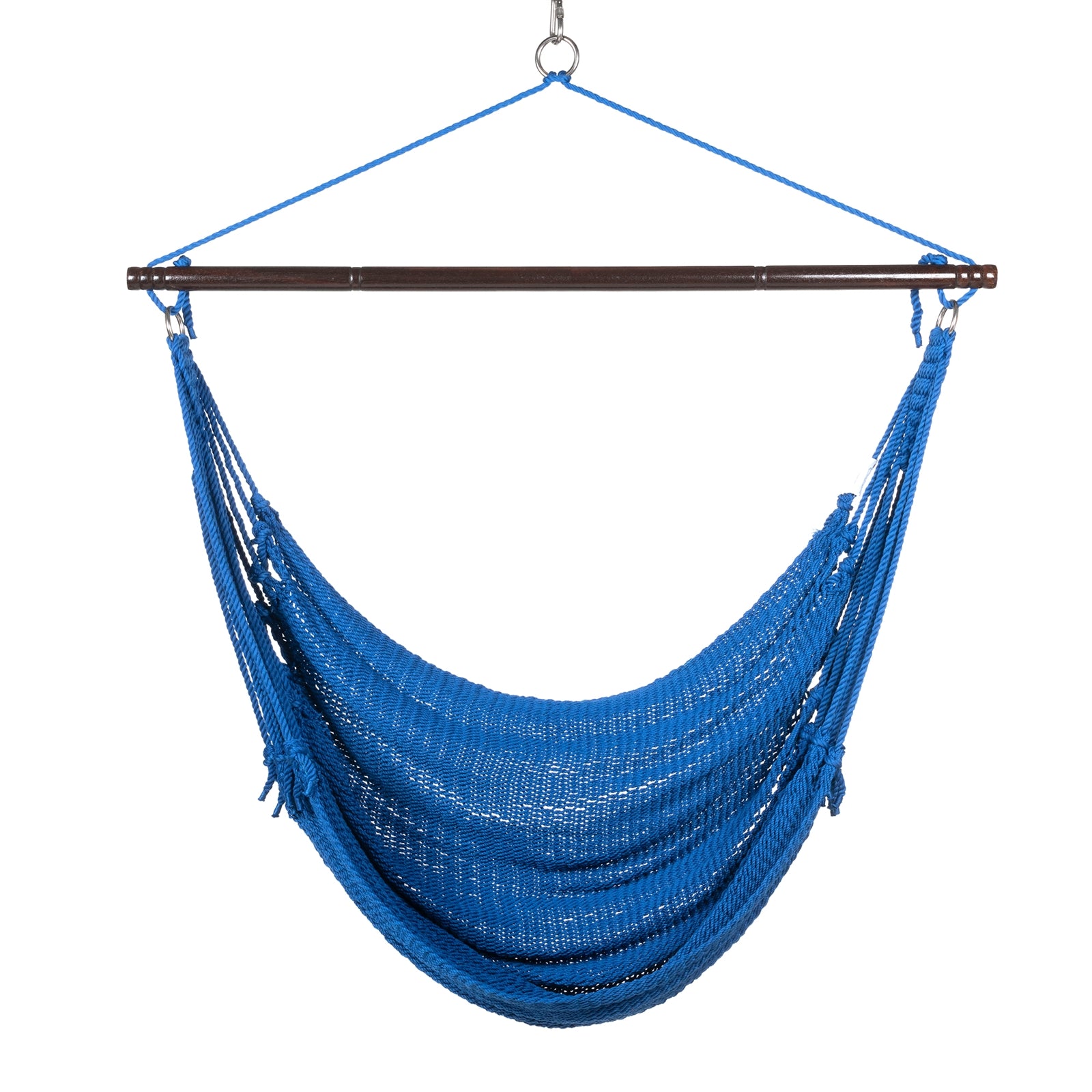 Front view of a dark blue Jumbo Caribbean Hammock Chair showing the deep woven seat and tasseled sides, on a white background