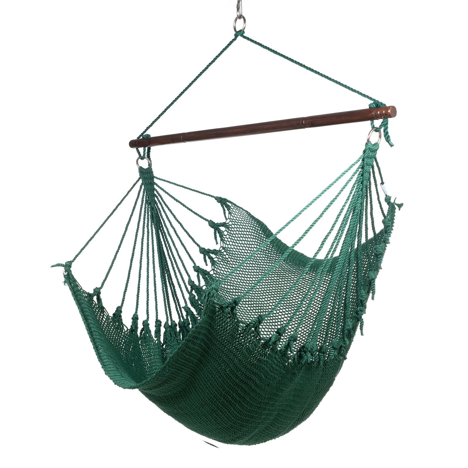 Jumbo Caribbean Hammock Chair in green, hand-woven polyester cord with a dark hardwood spreader bar and tasseled ends, on a white background