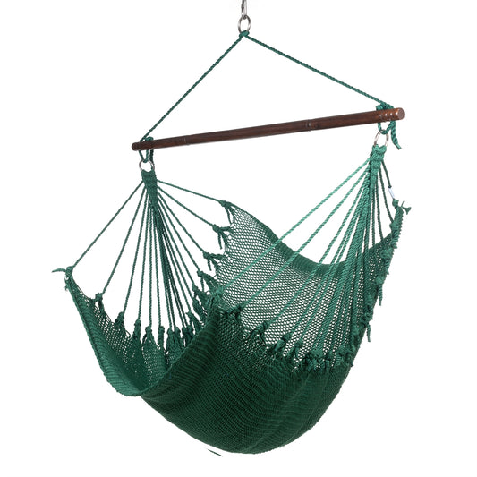 Jumbo Caribbean Hammock Chair in green, hand-woven polyester cord with a dark hardwood spreader bar and tasseled ends, on a white background