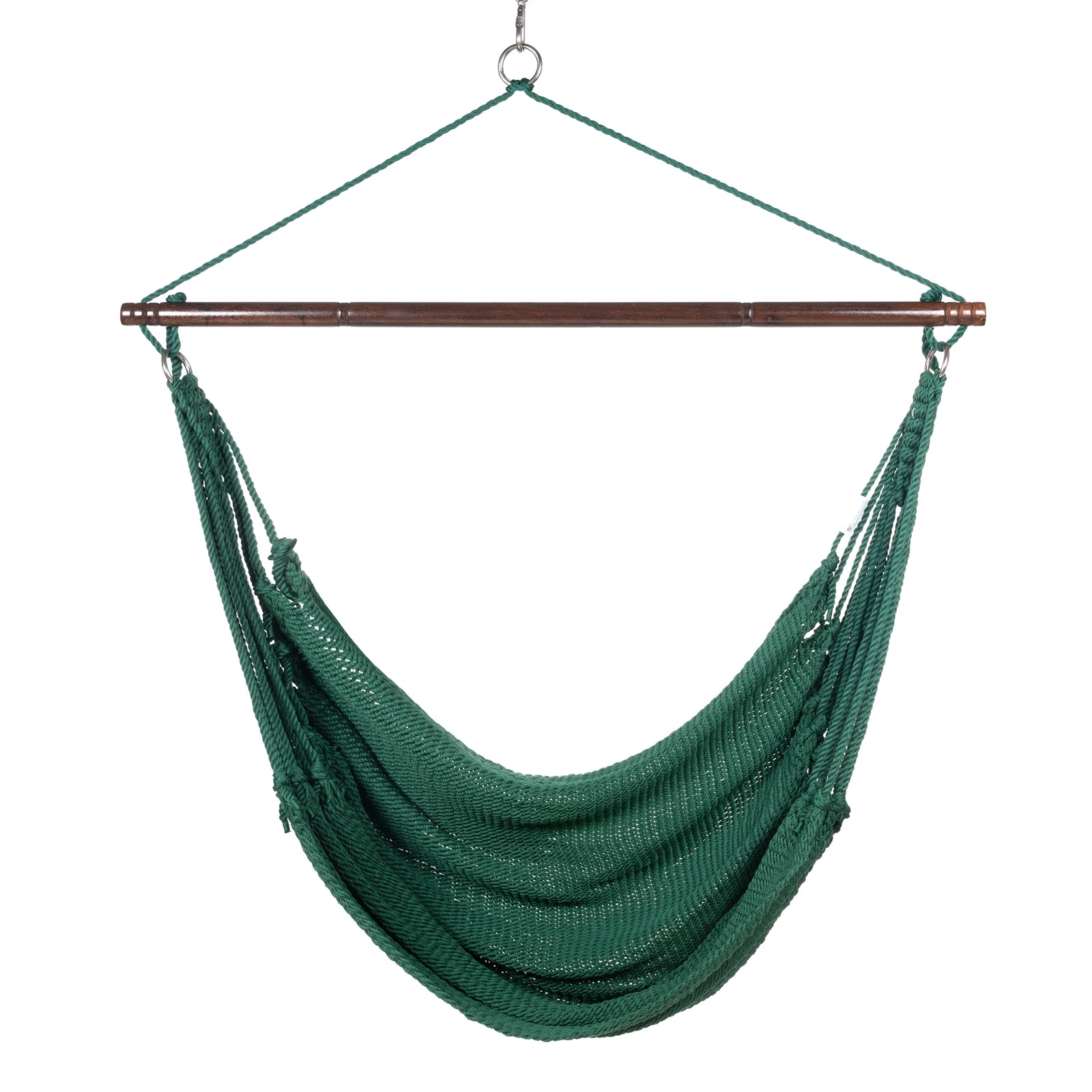 Front view of a green Jumbo Caribbean Hammock Chair showing the deep woven seat and tasseled sides, on a white background