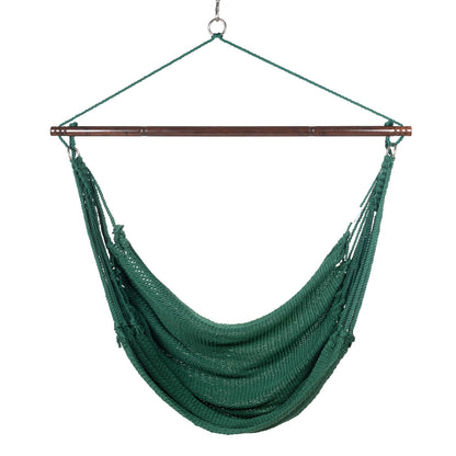 Front view of a green Jumbo Caribbean Hammock Chair showing the deep woven seat and tasseled sides, on a white background
