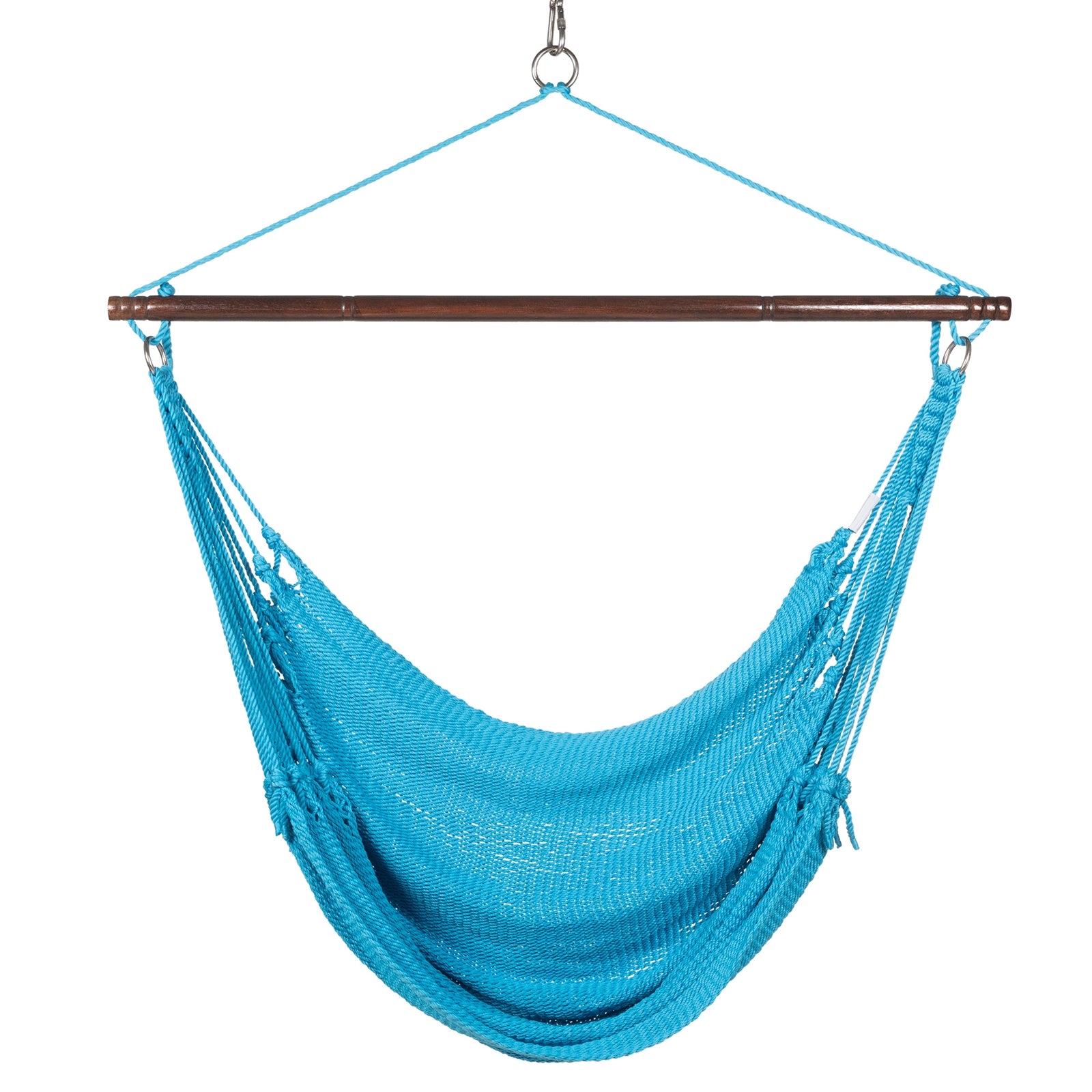 Front view of a light blue Jumbo Caribbean Hammock Chair showing the deep woven seat and tasseled sides, on a white background
