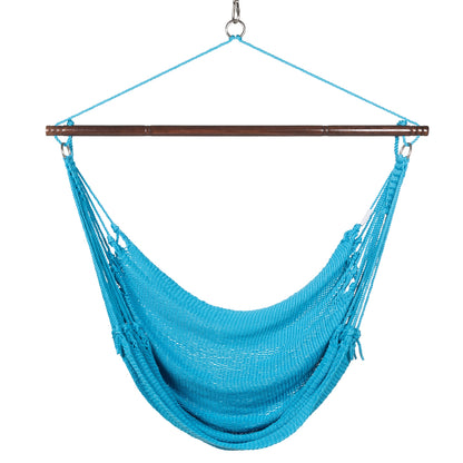 Front view of a light blue Jumbo Caribbean Hammock Chair showing the deep woven seat and tasseled sides, on a white background