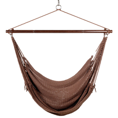 Front view of a mocha Jumbo Caribbean Hammock Chair showing the deep woven seat and tasseled sides, on a white background