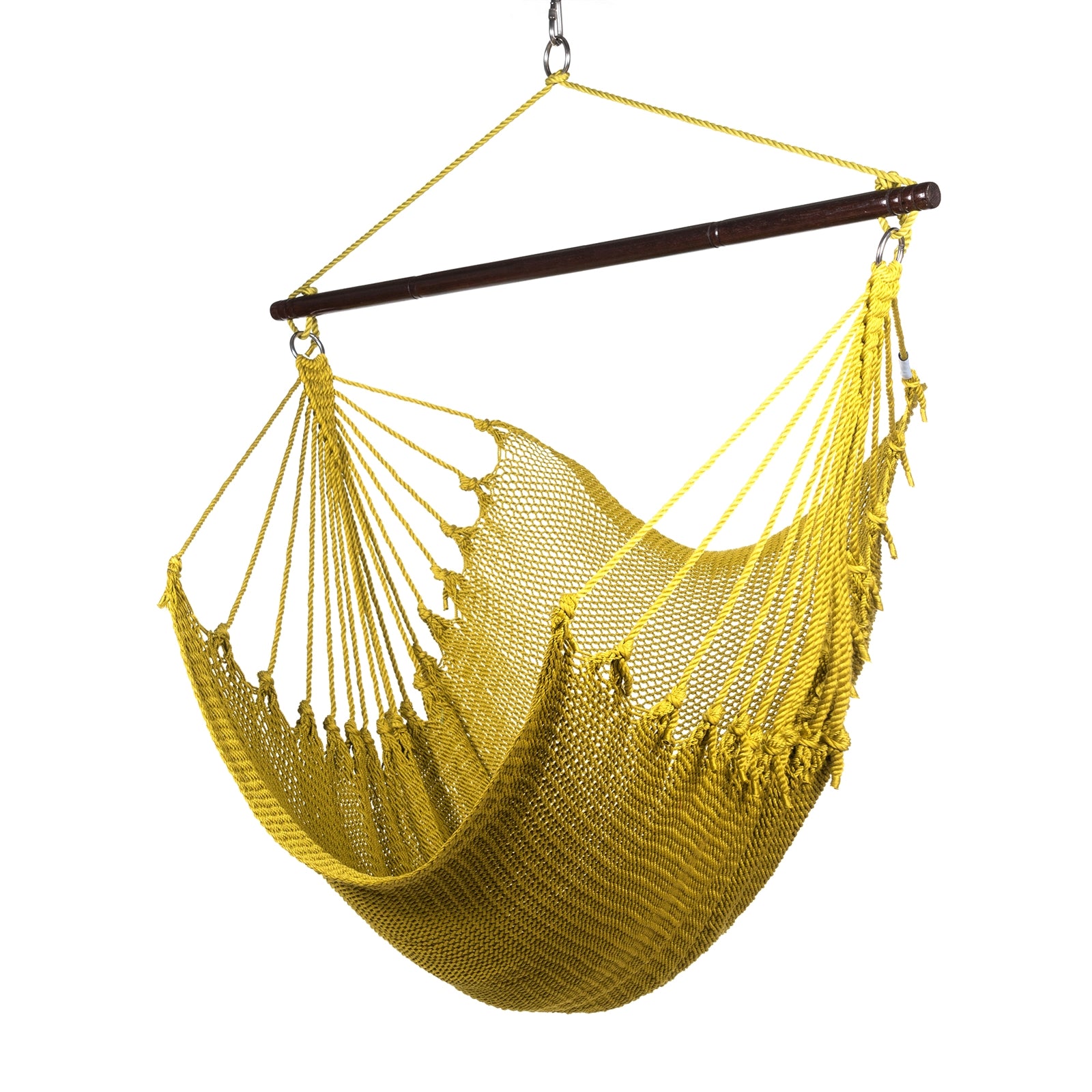 Jumbo Caribbean Hammock Chair in olive, hand-woven polyester cord with a dark hardwood spreader bar and tasseled ends, on a white background